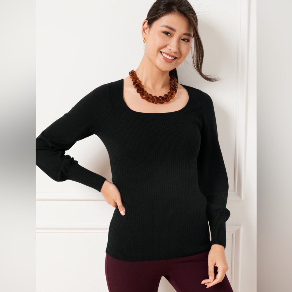 Talbots Black Square Neck Merino Wool Sweater Size Large
